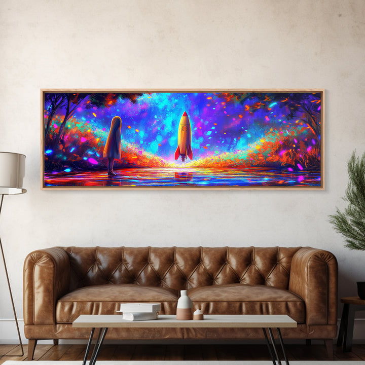 Rocket Launch Through Neon Forest Canvas Print, Futuristic Space Wall Art, Sci Fi Room Decor, Adventure Poster Gift For Him