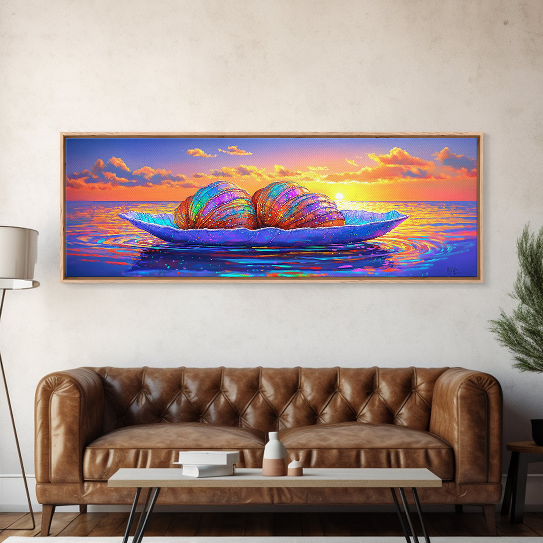 Rainbow Seashells On Ocean Leaf Canvas Print, Coastal Wall Art, Beach House Decor, Seascape Art Print, Blue Ocean Wall Decor