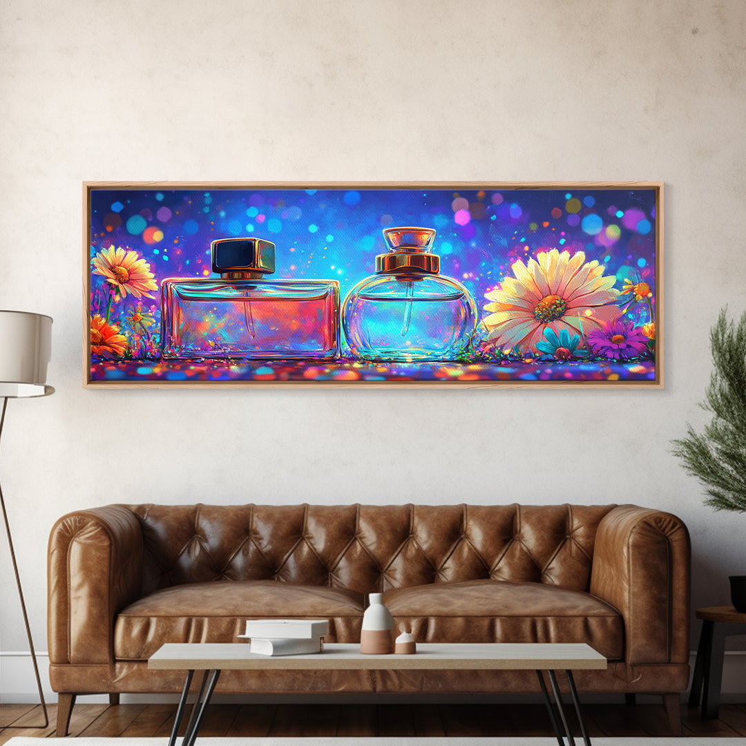 Glowing Perfume Bottles And Daisy Flowers Framed Canvas Print, Feminine Wall Art, Beauty Room Decor, Gift For Her, Vanity Decor