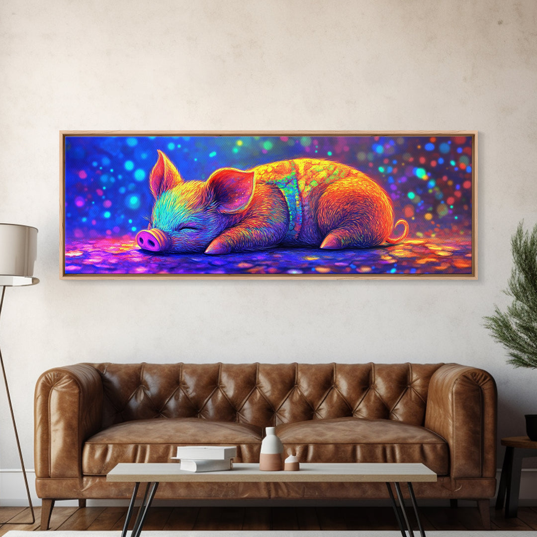 Sleeping Piglet In Rainbow Light Canvas Print, Cute Animal Wall Art, Nursery Decor, Farm Animal Art, Kids Room Wall Decor