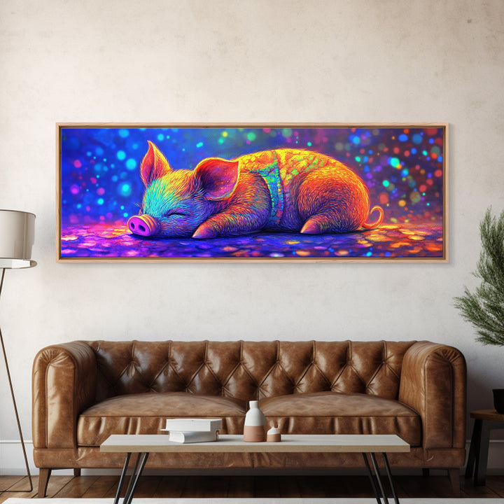 Sleeping Piglet In Rainbow Light Canvas Print, Cute Animal Wall Art, Nursery Decor, Farm Animal Art, Kids Room Wall Decor