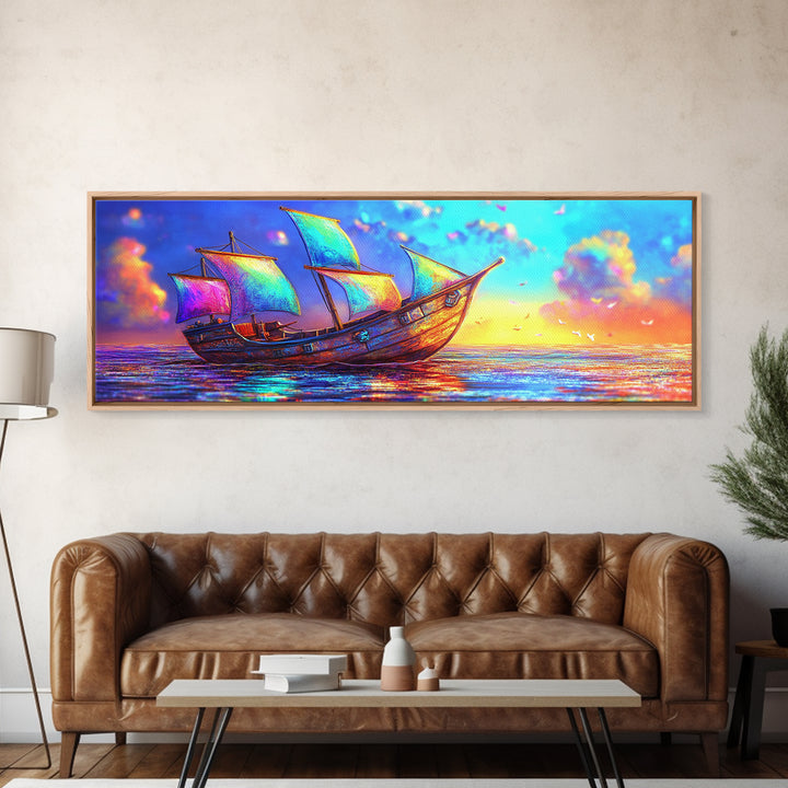Colorful Fantasy Sailboat At Sunset Canvas Print, Nautical Coastal Wall Art, Ocean Landscape Decor, Beach House Gift Idea