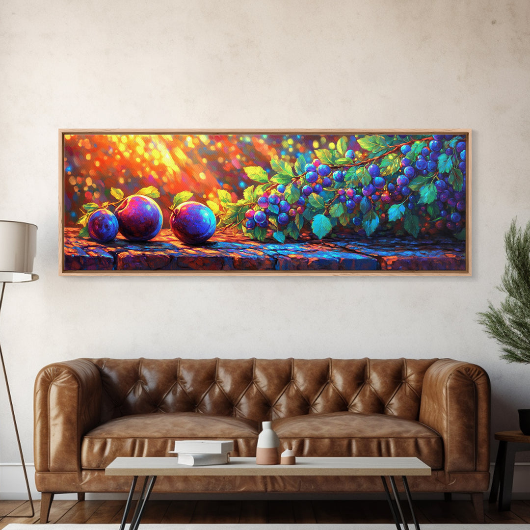Sunlit Plums And Grapes Wall Art, Vibrant Fruit Canvas Print For Kitchen Decor, Winery Decor And Rustic Country Decor And Dining Room Prints