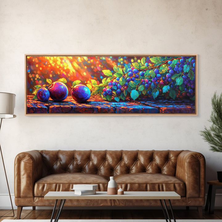 Sunlit Plums And Grapes Wall Art, Vibrant Fruit Canvas Print For Kitchen Decor, Winery Decor And Rustic Country Decor And Dining Room Prints