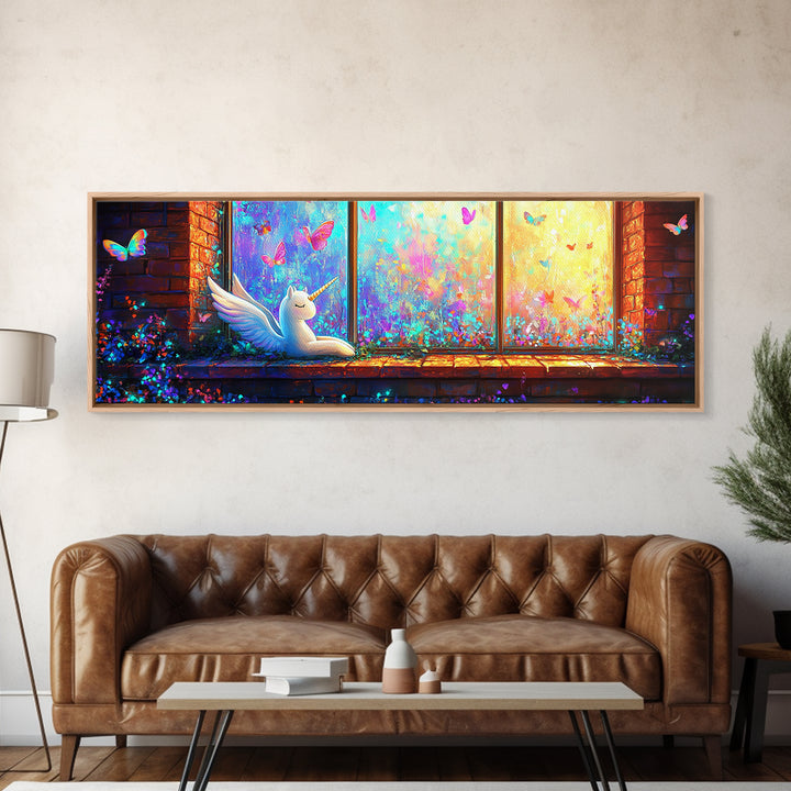 Sleeping Winged Unicorn On Window Sill Framed Canvas Print, Fantasy Wall Art, Butterfly Nursery Decor, Whimsical Gift For Her