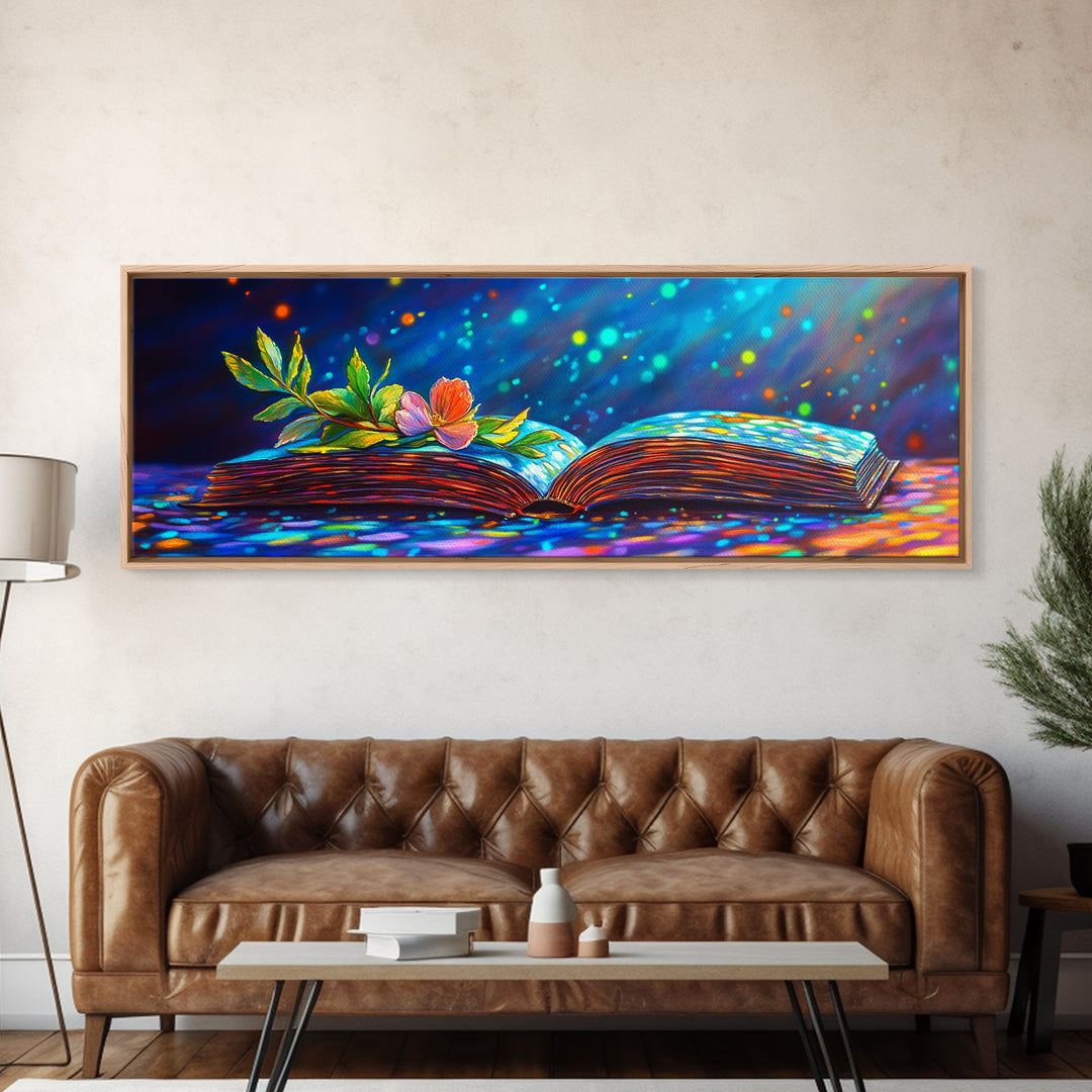 Magical Open Book With Flower Wall Art, Literary Canvas Print, Book Lover Decor, Cozy Library Reading Nook Decor Gift For Her