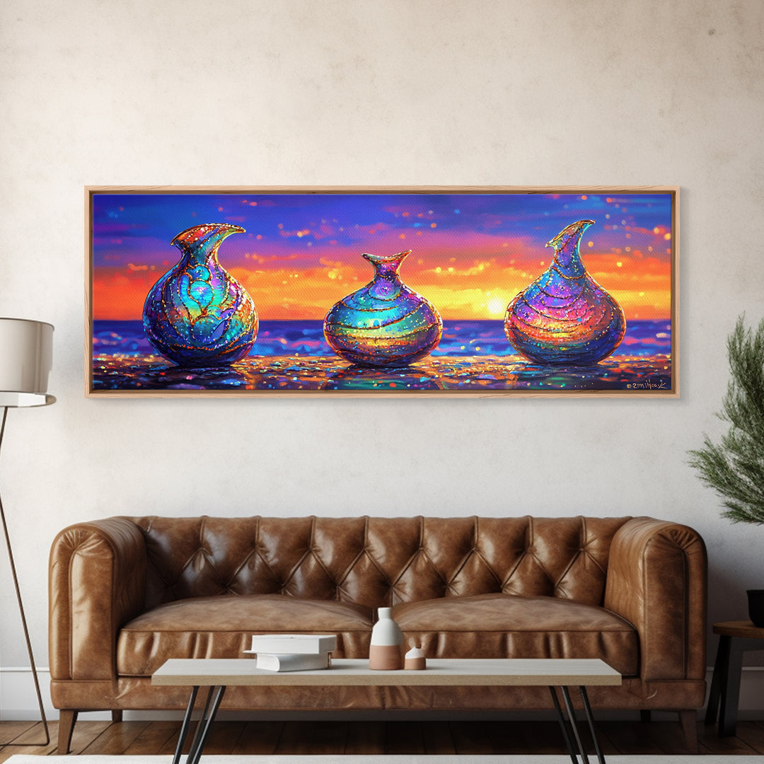 Iridescent Glass Vases At Ocean Sunset Framed Canvas Print, Coastal Wall Art, Colorful Still Life, Beach House Decor Gift