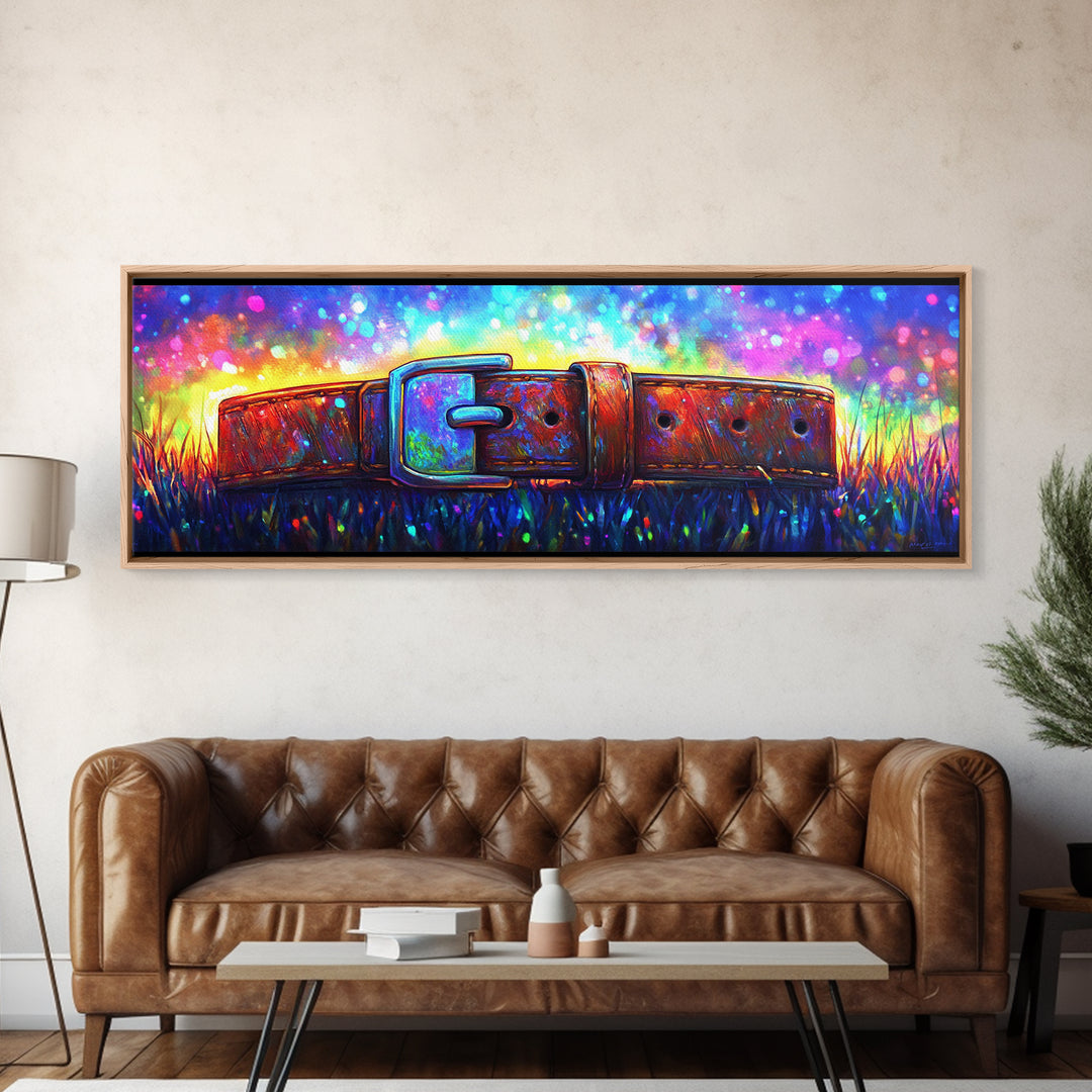 Weathered Leather Belt In Neon Grass Canvas Print, Rustic Wall Art, Western Decor, Masculine Office Decor, Unique Gift For Him