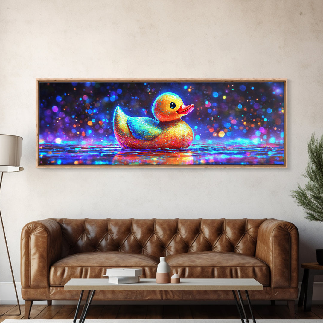 Rainbow Rubber Duck On Sparkling Water Wall Art, Whimsical Bathroom Decor, Kids Room Art, Cute Animal Canvas Print, Gift For Kids