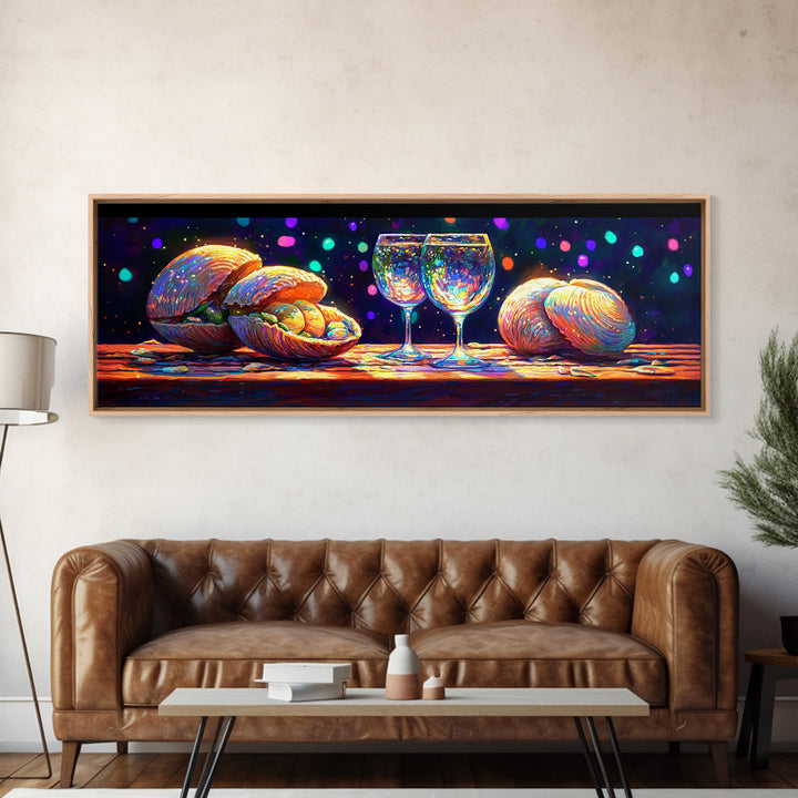 Iridescent Seashells And Wine Glasses Canvas Print, Coastal Kitchen Wall Art, Beach House Decor, Dining Room Print, Gift For Her
