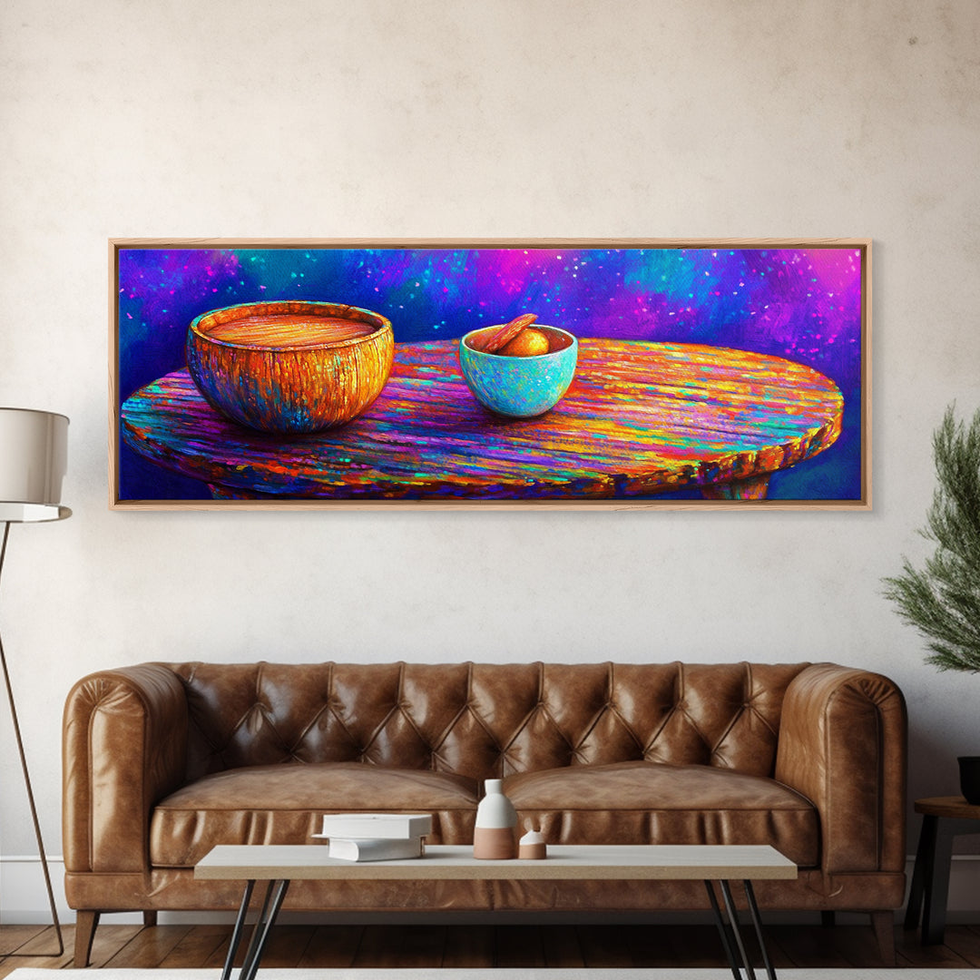 Rainbow Wooden Table And Bowls Canvas Print, Colorful Still Life Wall Art, Modern Kitchen Decor, Dopamine Dining Room Print