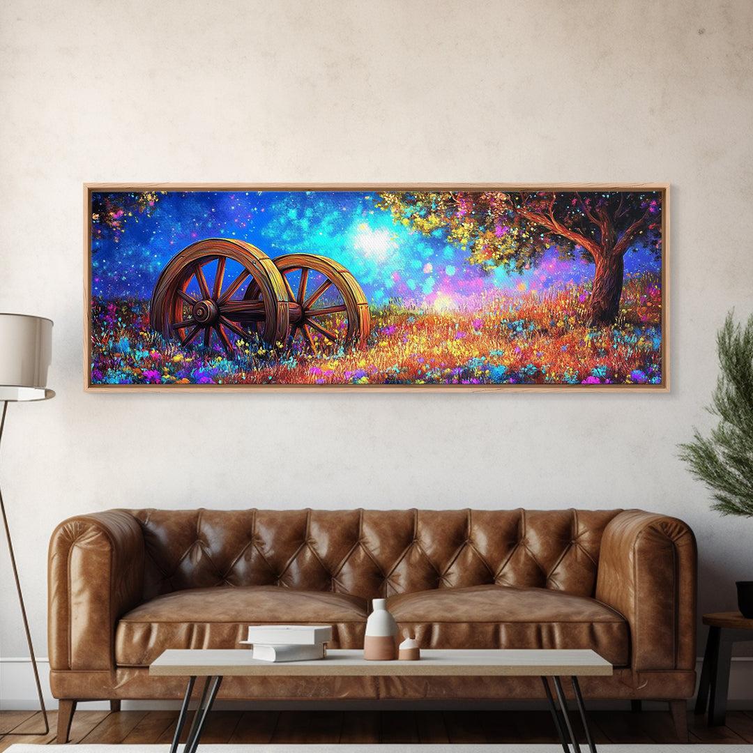 Starry Meadow Wagon Wheels Framed Canvas Print, Rustic Country Wall Art, Whimsical Landscape Decor, Farmhouse Home Gift
