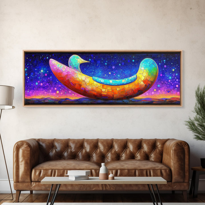 Rainbow Crescent Moon Bird Wall Art, Whimsical Celestial Canvas Print, Colorful Nursery Decor, Dreamy Kids Room Gift, Baby Shower Gift