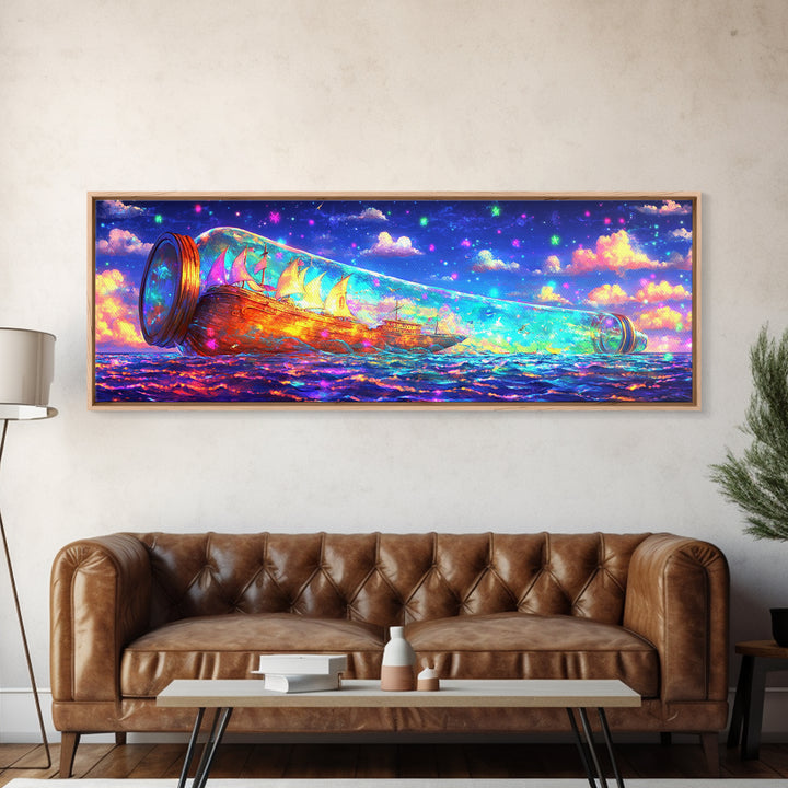 Glowing Message Bottle At Starry Sea Canvas Print, Fantasy Wall Art, Ocean Decor, Nautical Print, Whimsical Coastal Gift