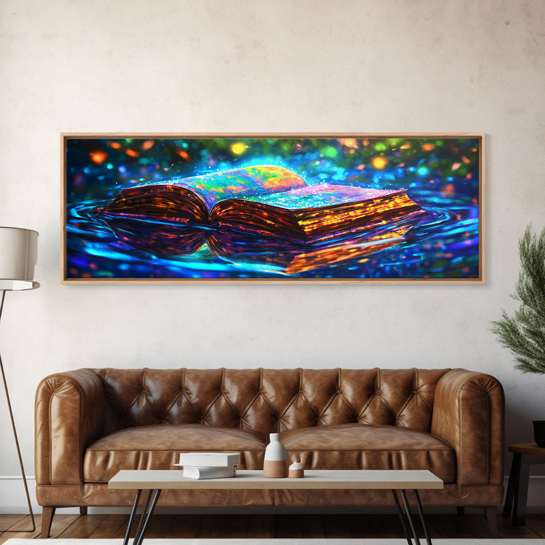 Glowing Open Book On Moonlit Water Canvas Print, Fantasy Wall Art, Library Decor, Book Lover Gift, Magical Reading Nook Art