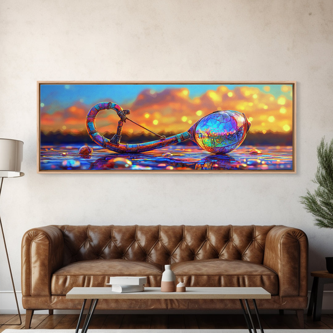 Iridescent Antique Key And Jewel Egg Wall Art, Fantasy Coastal Canvas Print For Mystical Beach House Decor And Unique Gift