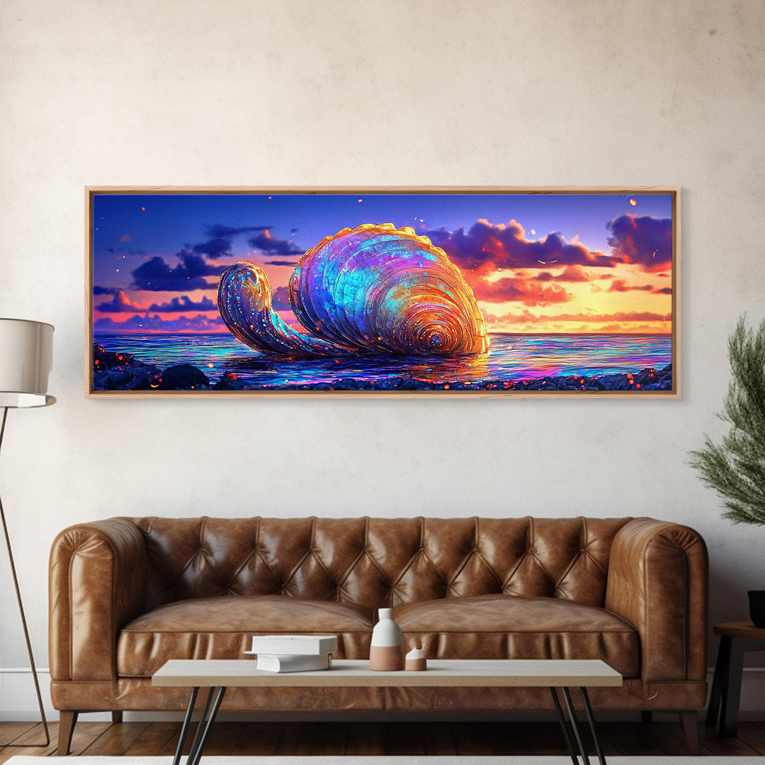 Giant Iridescent Seashell At Ocean Sunset Wall Art, Coastal Canvas Print For Beach House Living Room Decor And Nautical Gift