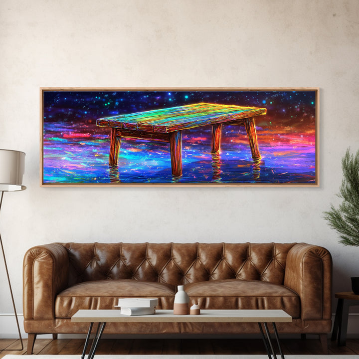 Glowing Wooden Dock Over Reflective Water Wall Art, Starry Landscape Canvas Print For Lake House Decor And Home Office Decor