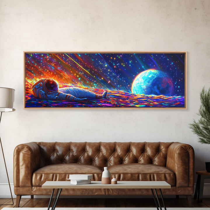 Astronaut Resting On Rainbow Planet Wall Art, Sci Fi Space Canvas Print For Gaming Room Decor And Modern Futuristic Home Decor
