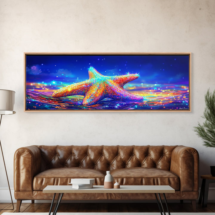 Rainbow Starfish In Moonlit Surf Canvas Print, Coastal Wall Art, Ocean Seascape Decor, Beach House Gift For Her, Summer Decor