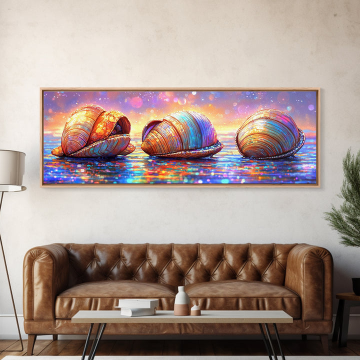Iridescent Seashells On Sparkling Shore Wall Art, Coastal Canvas Print, Beach House Decor, Ocean Lover Gift For Her Home