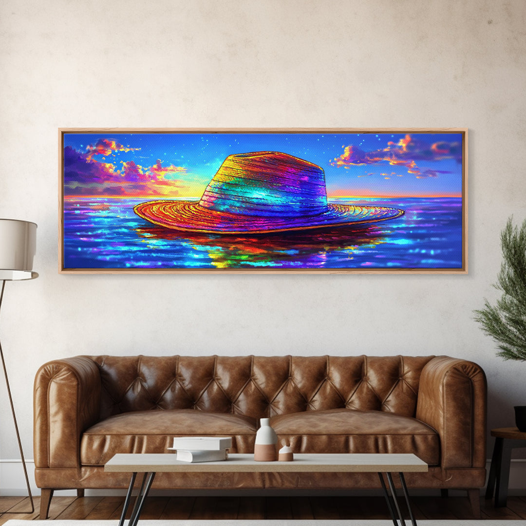 Rainbow Straw Hat Floating On Sunset Ocean Wall Art, Colorful Beach Decor, Coastal Canvas Print, Summer Vacation Poster Art