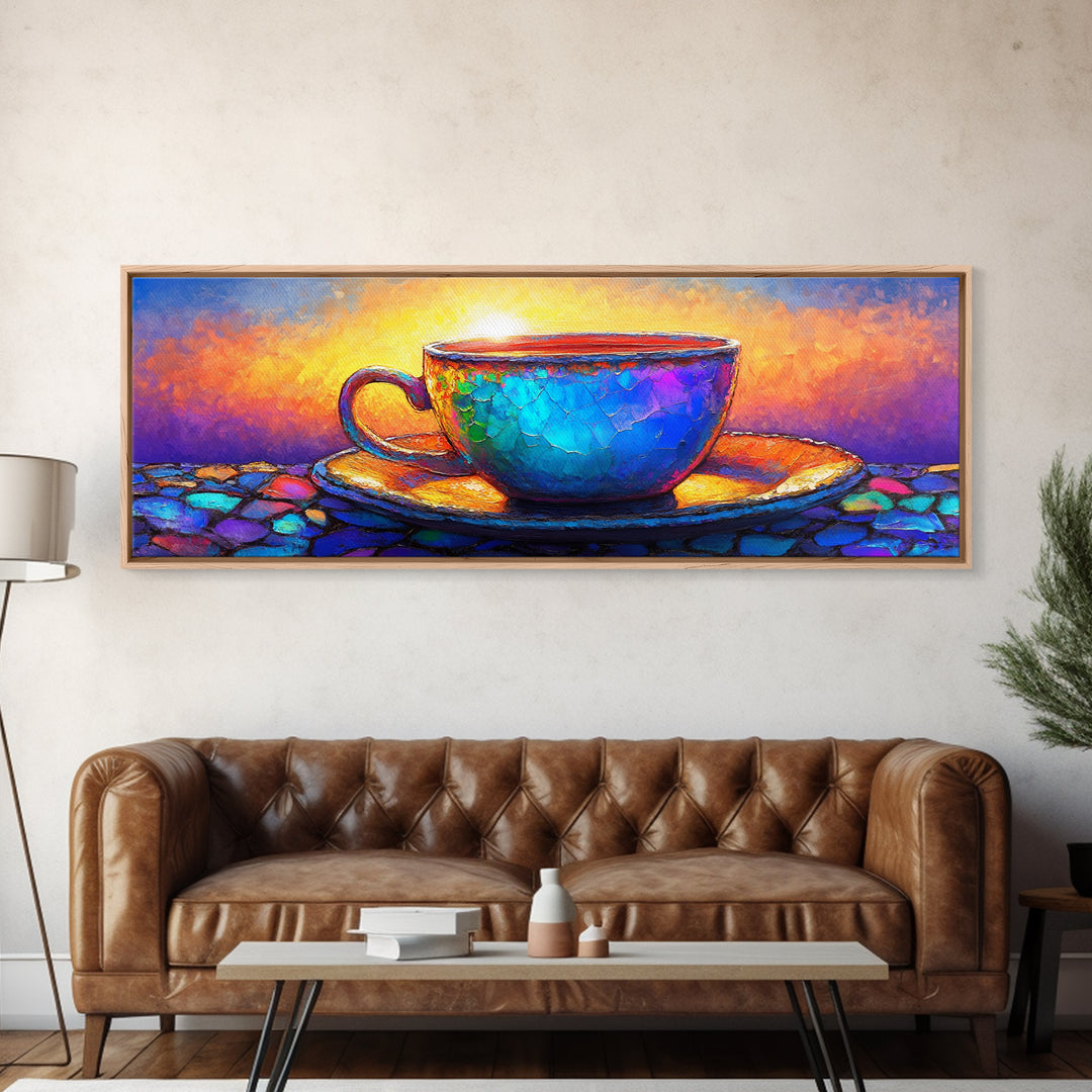 Textured Blue Teacup On Mosaic Saucer Canvas Print, Coffee Art, Kitchen Wall Art, Colorful Wall Art, Cozy Cafe Home Decor