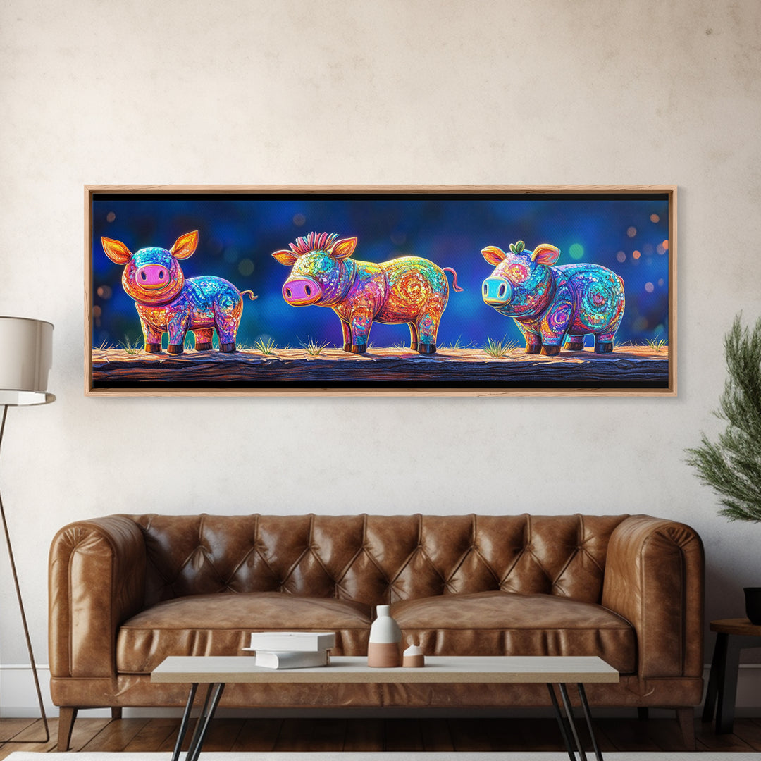 Three Rainbow Farm Animal Figures Wall Art, Colorful Animal Nursery Art, Whimsical Farmhouse Decor, Kids Room Canvas Print