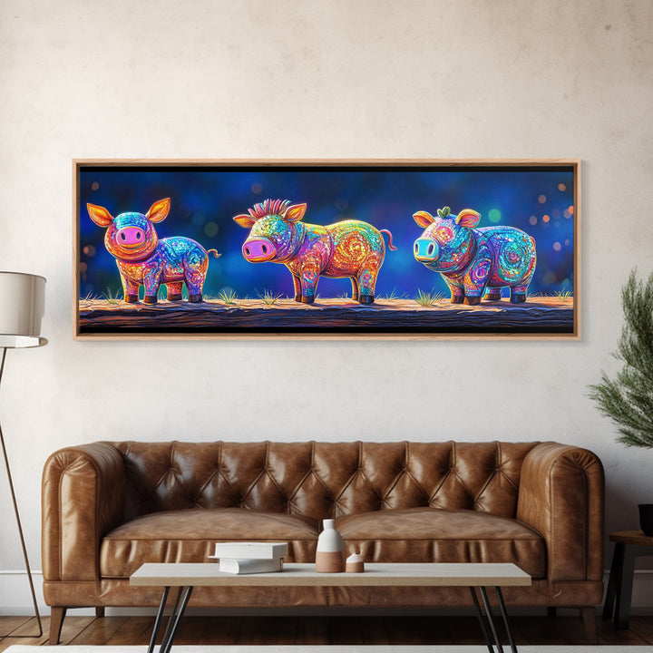 Three Rainbow Farm Animal Figures Wall Art, Colorful Animal Nursery Art, Whimsical Farmhouse Decor, Kids Room Canvas Print
