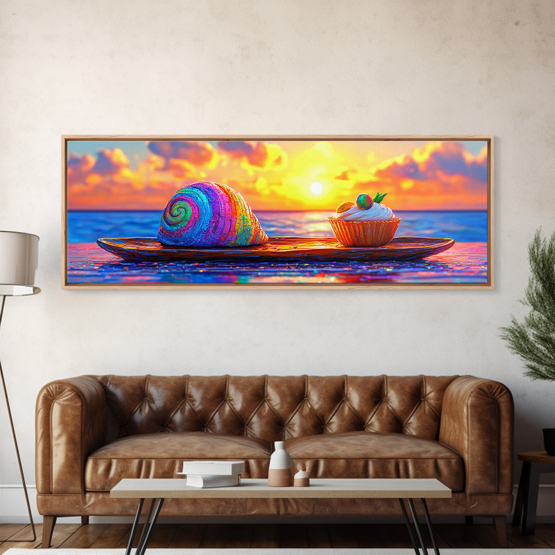 Rainbow Seashell And Cupcake At Ocean Sunset Wall Art, Coastal Kitchen Decor, Whimsical Beach House Art Print, Summer Decor