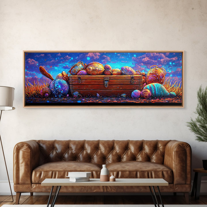 Treasure Chest With Glowing Seashells Canvas Print, Coastal Wall Art, Nautical Decor, Ocean Nursery Decor, Beach House Art