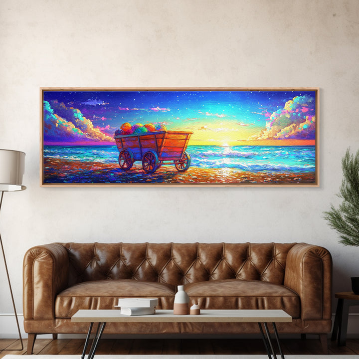 Wooden Wagon On Sunset Beach Framed Canvas Print, Coastal Wall Art, Ocean Painting, Beach House Decor, Seascape Art, Summer Home Decor