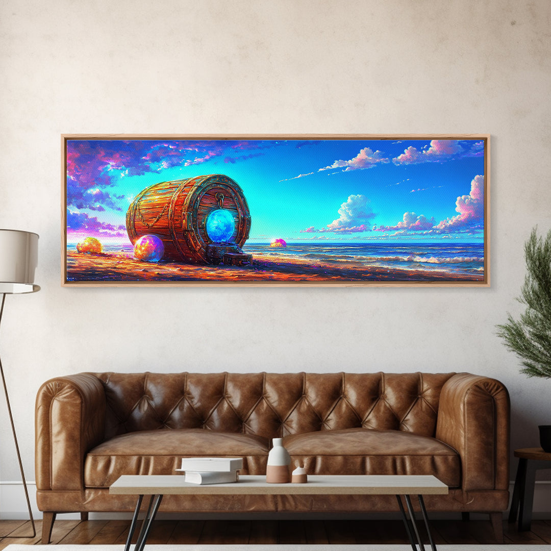 Glowing Barrel On Dreamy Seashore Framed Canvas Print, Coastal Wall Art, Beach House Decor, Surreal Ocean Wall Art, Nautical Decor
