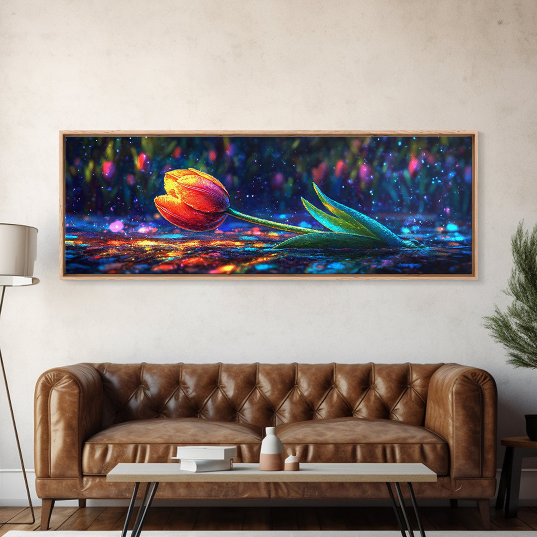 Single Orange Tulip On Glittering Rain Wall Art, Floral Wall Art, Botanical Print, Romantic Decor, Gift For Her, Bedroom Wall Decor