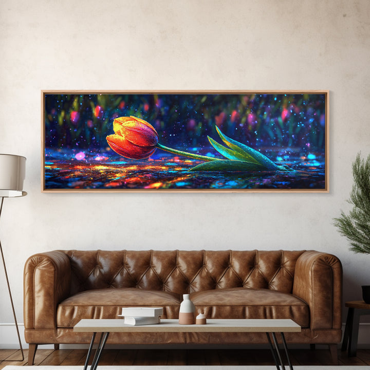 Single Orange Tulip On Glittering Rain Wall Art, Floral Wall Art, Botanical Print, Romantic Decor, Gift For Her, Bedroom Wall Decor