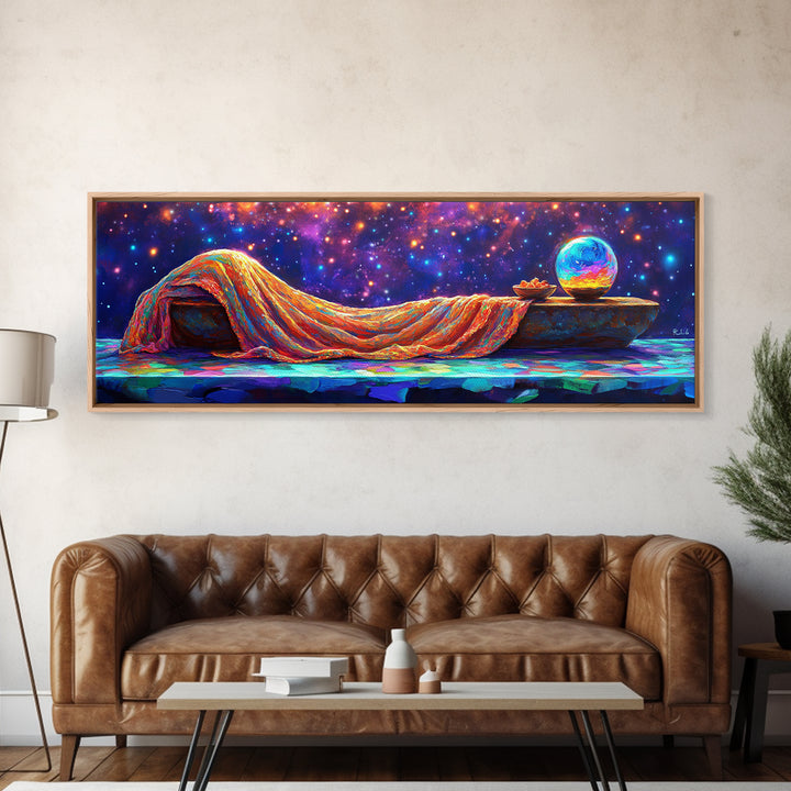 Dreamy Draped Bed Under Starry Sky Wall Art, Celestial Wall Art, Surreal Art, Whimsical Decor, Bedroom Wall Art, Modern Home Decor