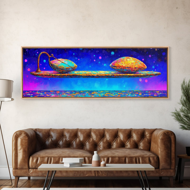 Floating Spoon With Two Colorful Pods Canvas Print, Whimsical Wall Art, Abstract Still Life, Dopamine Decor, Unique Gift
