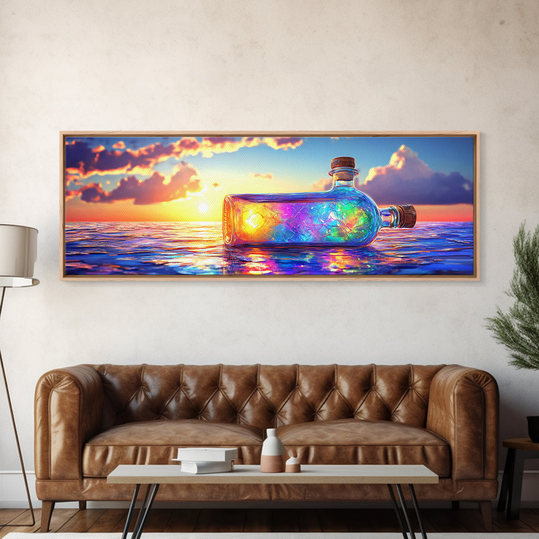 Glowing Message Bottle At Ocean Sunset Framed Canvas Print, Coastal Wall Art, Beach House Decor And Nautical Gift For Living Room