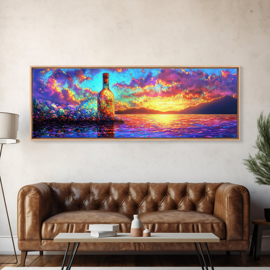 Glowing Bottle On Sunset Shore Canvas Print, Vibrant Ocean Wall Art, Coastal Beach House Decor For Living Room And Office Decor