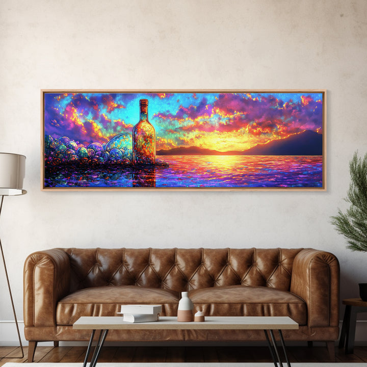 Glowing Bottle On Sunset Shore Canvas Print, Vibrant Ocean Wall Art, Coastal Beach House Decor For Living Room And Office Decor