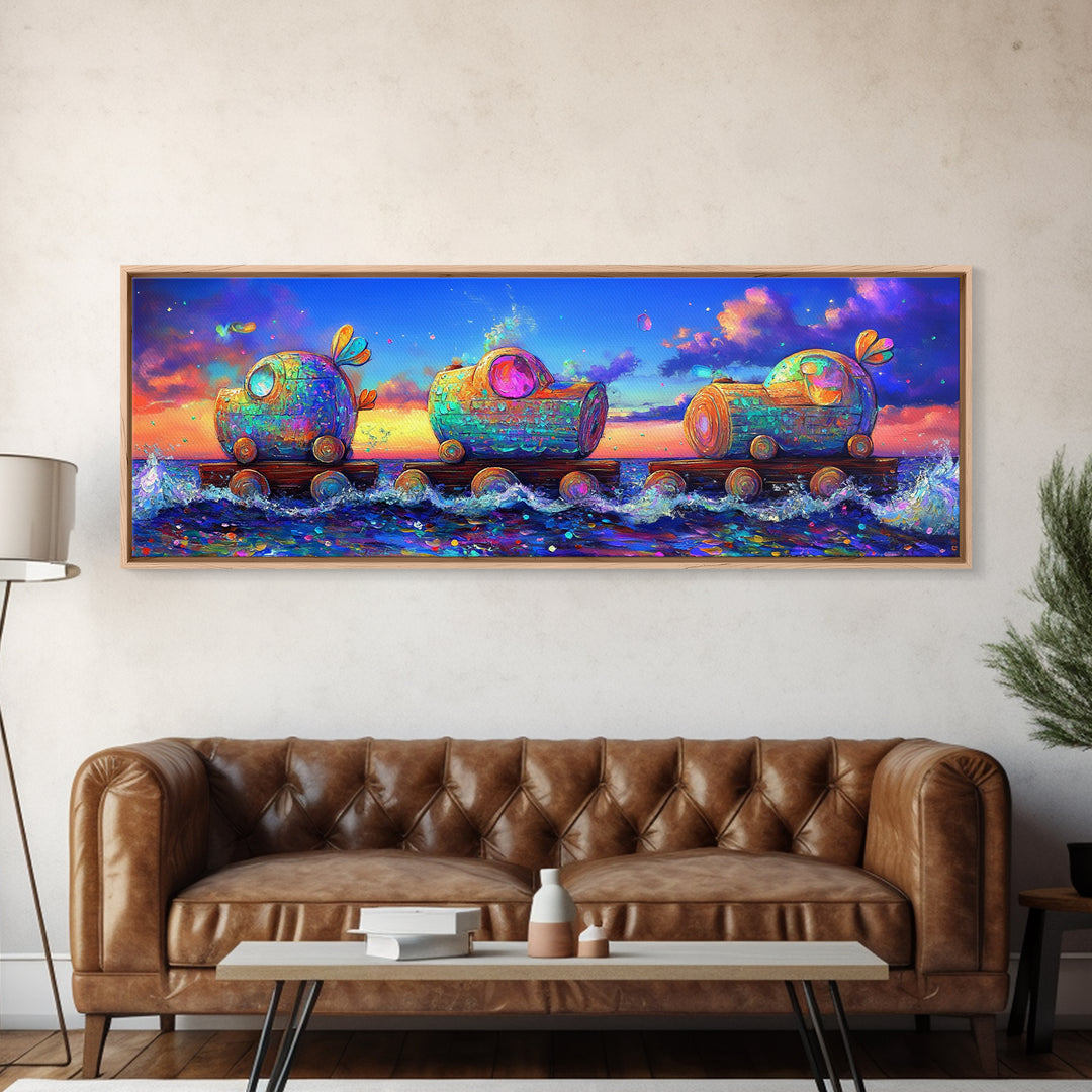Whimsical Toy Train Rolling Through Ocean Waves Wall Art, Colorful Coastal Decor, Fantasy Nursery Art, Playroom Canvas Print