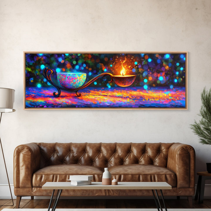 Ornate Rainbow Oil Lamp With Flame Framed Canvas Print, Spiritual Wall Art, Meditation Decor, Boho Home Decor Gift, Zen Wall Decor