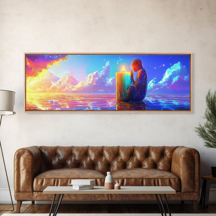 Solitary Figure Holding Candle By Sunset Sea Wall Art, Mystical Ocean Canvas Print, Spiritual Decor, Coastal Meditation Room Decor