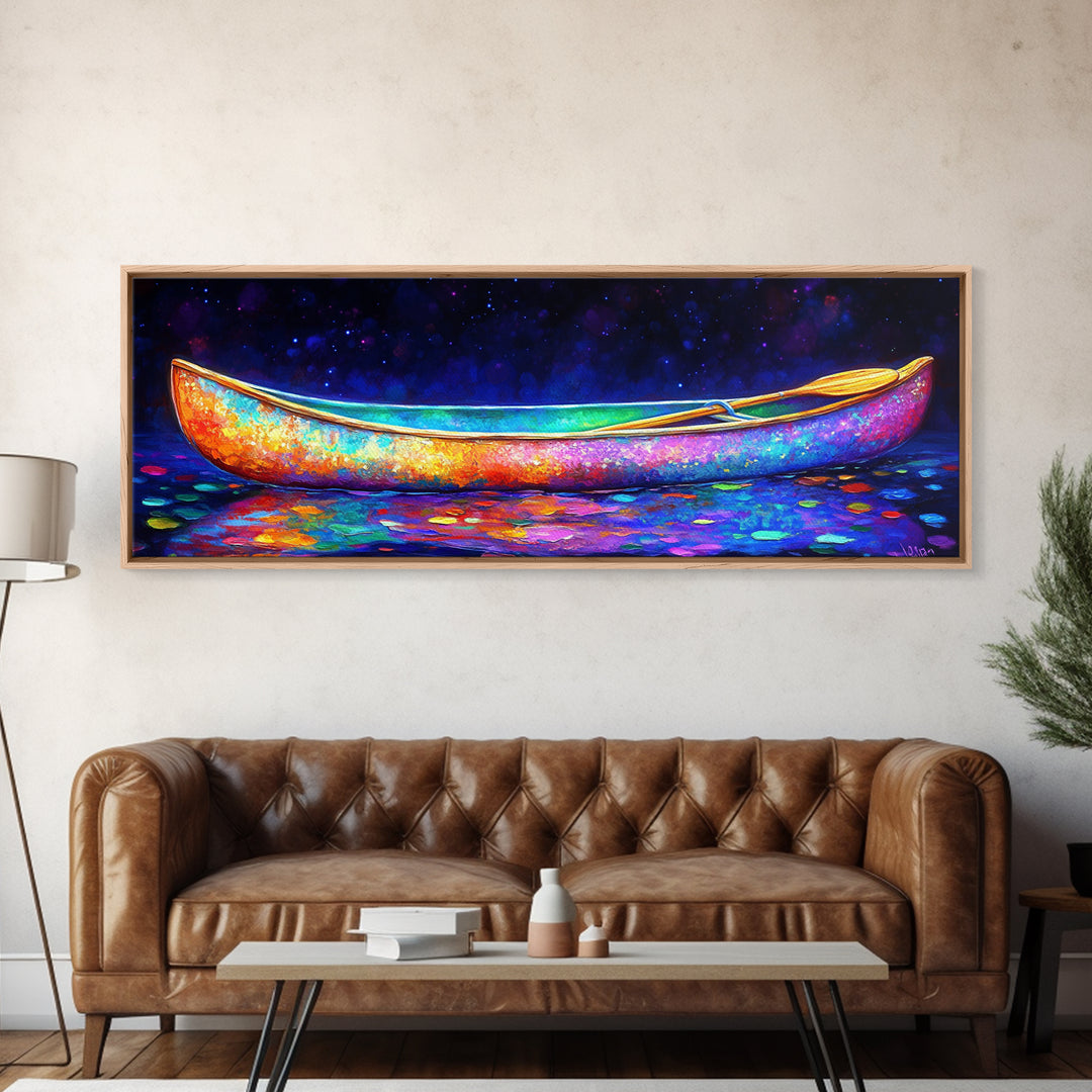Rainbow Canoe Floating Under Starry Night Canvas Print, Nautical Wall Art, Colorful Coastal Decor, Lake House Statement Art