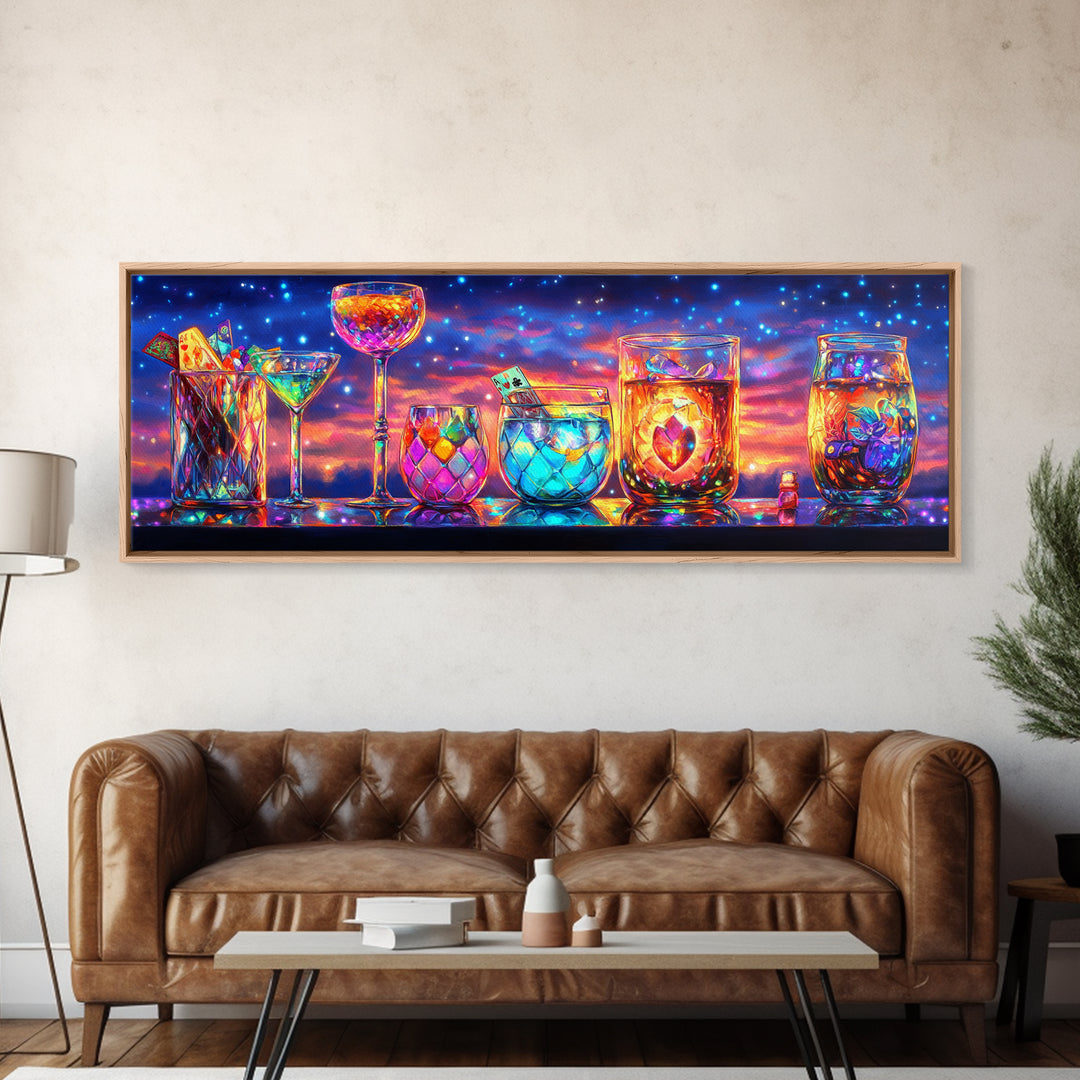 Glowing Cocktail Glasses At Twilight Wall Art, Colorful Bar Cart Canvas Print, Home Bar Decor, Martini And Wine Lover Gift