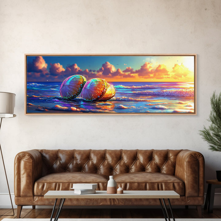 Sunlit Seashells On Ocean Shore Canvas Print, Coastal Wall Art, Beach House Decor, Nautical Seascape Living Room Decor Print