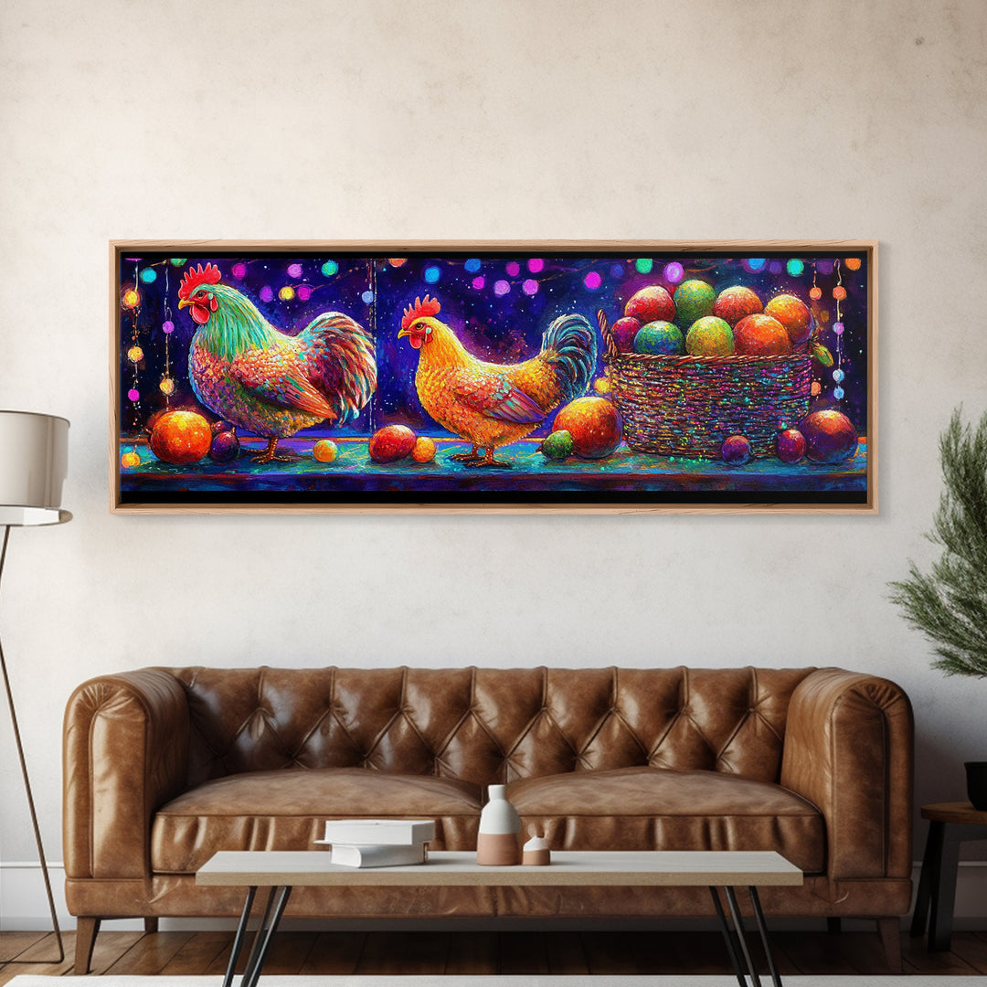Colorful Roosters And Hen With Fruit Basket Canvas Print, Farmhouse Kitchen Wall Art, Chicken Art, Rustic Home Decor Gift
