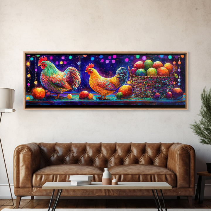 Colorful Roosters And Hen With Fruit Basket Canvas Print, Farmhouse Kitchen Wall Art, Chicken Art, Rustic Home Decor Gift