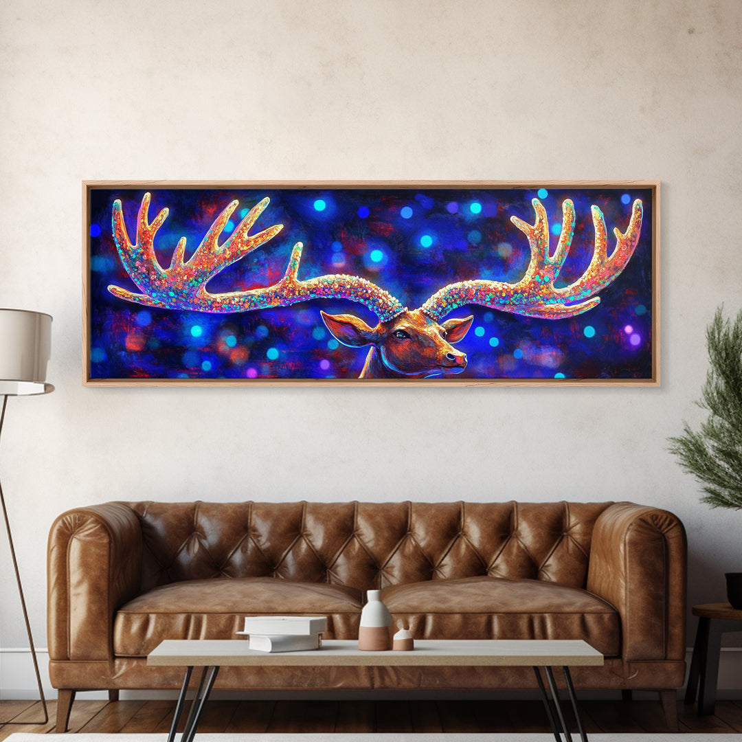 Rainbow Moose Antlers With Neon Bokeh Canvas Print, Wildlife Wall Art, Colorful Lodge Decor, Rustic Nature Housewarming Gift