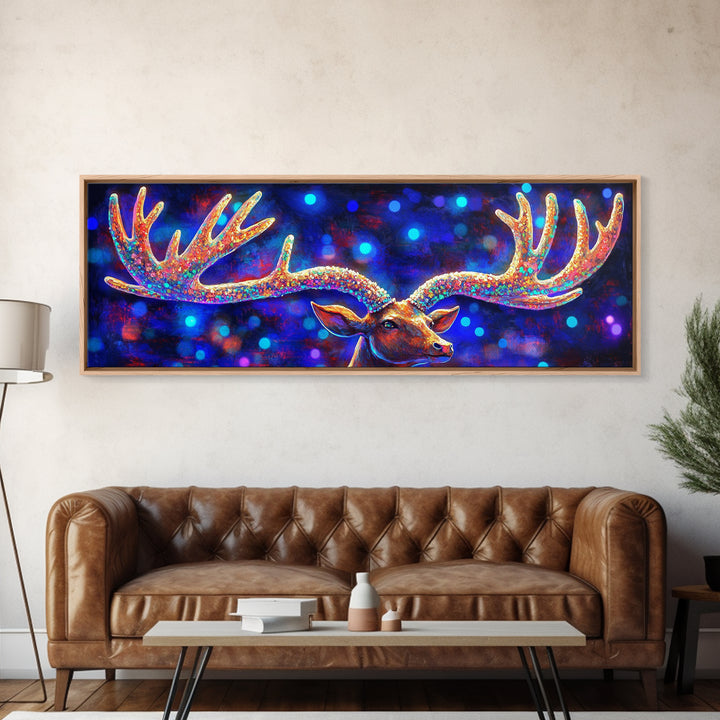 Rainbow Moose Antlers With Neon Bokeh Canvas Print, Wildlife Wall Art, Colorful Lodge Decor, Rustic Nature Housewarming Gift
